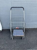 Front view of folding utility cart with cushioned mat inside basket, metal wire frame, and handle.