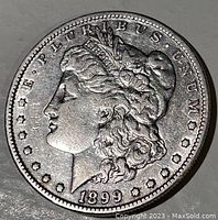 Obverse side of 1899-O Morgan Silver Dollar showing Lady Liberty profile and date 1899.
