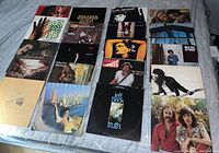 Top-down view of all 20 vinyl record album covers laid out on a flat surface showing all titles and artwork.