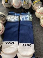 Photo showing two pairs of navy blue and white TCK Prosport baseball socks.