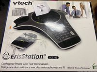 Box for Vtech ErisStation VCS702 conference phone, showing product image and key features.