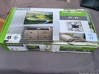 Boxed Sanus full motion wall mount packaging showing compatibility and branding