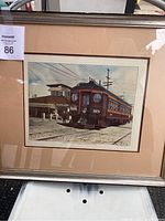 Framed, matted lithograph print of a vintage railcar number 315 at a train station titled "A Blimp at Oneonta Park S Pasadena CA".