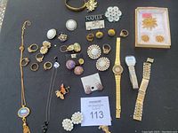 Full lot arranged on dark surface showing necklaces, rings, earrings, brooches, and wristwatches