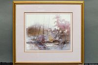 Framed watercolour artwork showing overall size, gold-colored frame, and matting.