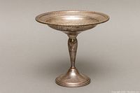 Full view of the old sterling silver footed compote bowl showing the reticulated design and footed base.
