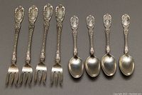 Eight-piece flatware set arranged in a row: four forks on left, four spoons on right