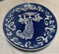 Front view of 1972 Royal Copenhagen Mother's Day Plate with blue and white mother and children design and 'MORS DAG 1972' inscription.