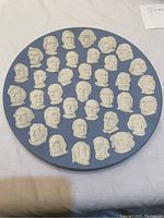 9.5" pale blue jasperware plate showing white relief busts of all US presidents through Gerald Ford