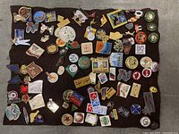 Top view of multiple assorted collectible metal pins displaying various logos and symbols on black cloth.