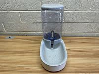 Front view of new Hipidog pet waterer on wooden surface against rough beige wall.