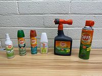 Photo showing six different OFF! bug repellent products, including sprays, roll-ons, and hose-end sprayer.