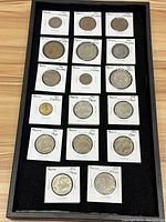 Top photo showing 16 Mexican coins individually mounted in holders with years and denominations labeled from 1930s to 1970s.