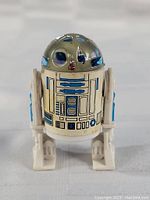Front view of vintage R2D2 Star Wars figure with blue and silver coloring on white plastic body.