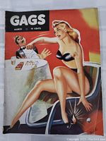 Front cover of oversized GAGS humor magazine dated March selling for 10 cents, showing pin-up style illustration of woman and man in a humorous pose.