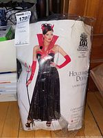 Package showing the Hollywood Devil ladies costume with model wearing black dress, red gloves, red horns, and holding pitchfork.