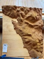 Top-down front view of the wooden terrain sculpture showcasing detailed carved elevations and depressions with a smooth natural wood finish.