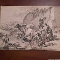 Full view of the 17th century etching by Nicolaus Pieterszoon Berchem showing the pastoral scene with figures, cows, sheep, and a dog near a stone structure.