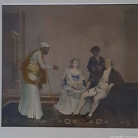 Close-up photo of the framed antique watercolour over pencil painting featuring an Orientalist scene with four figures.