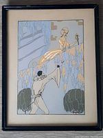 Framed antique pouchoir print depiction of two figures by Georges Barbier.