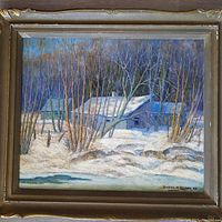 Full view of framed oil painting showing hunting camp scene in snow