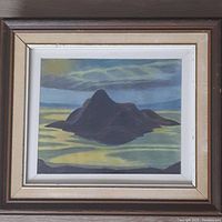 Frontal view of the entire framed vintage pastel painting showing the mountain scenery and frame detail.