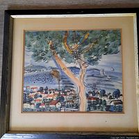 Full view of framed lithograph showing coastal scene with tree and sailboats