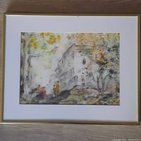 Framed vintage watercolour painting showing a Toronto street scene with autumn hues and two figures near the left side.