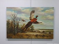 Full view of the oil painting showing the pheasant in flight above the field and distant hills