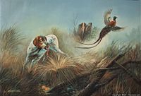 Full view of original oil painting on canvas showing a hunting dog and pheasant in a natural setting, with visible texture and colors, painted edges and wooden stretcher frame.