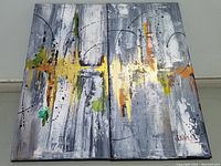 Original acrylic abstract diptych acrylic painting on two canvas panels with gray, yellow, orange, green and black colors, signed.