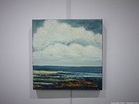 Front view of the square oil painting showing the full seascape scene with clouds, ocean, and shoreline.