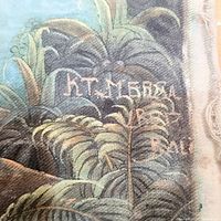 Close-up photo showing the signature of the artist R.T. Mersa and the word Bali on the tapestry.