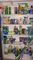 Photo of five shelves stocked with assorted cleaning products including cleaners, sprays, buckets, and bags.