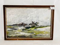 Full view of the framed oil on board landscape painting showing the muted color palette and textured brushwork.