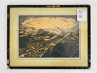 Full view of framed wood block print showing mountainous landscape, mat and frame