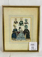 Framed vintage fashion print featuring six illustrations of 1838 ladies' evening and morning dresses with bonnets, showing clear detail of artwork and matting.