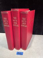 Three antique books bound in new red covers with gold gilt text 'THE BOY'S OWN ANNUAL' on spine.