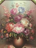 Close-up of the oil painting showing detailed flower bouquet in bronze vase with visible signature R. Cox.