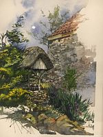 Close-up of the watercolor painting showing details of the old well, stone building, and foliage with the artist's signature visible.