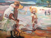 Close-up photo of the impressionist style beach scene artwork showing a woman, two children, shoreline, and brush stroke detail.