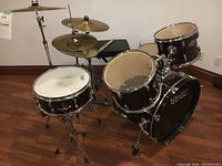 Full drum set front view showing bass drum, snare, toms and cymbals