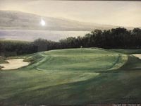 Close-up view of the lithograph showing the golf course green and surrounding landscape.