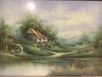 Close-up of the oil painting showing the serene rural landscape with cottages, waterfall, trees, and water body.