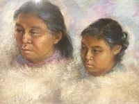 Close-up of pastel painting showing mother and daughter faces with detailed expressions and soft clouds background, signed by J. Twist.