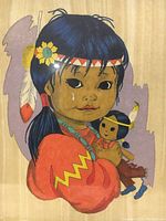 Close-up of artwork showing detail of the girl with dark hair, headband, and doll with feather.