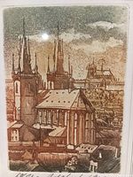 Close-up detail of the vintage limited edition etching depicting church spires and buildings in brown and green hues, showing the artist's signature and numbering below image.