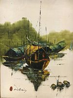 Front view of the framed oil painting showing boats on water with green background and artist signature 'William'