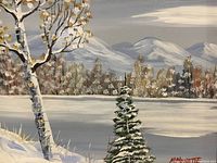 Close-up of the painting showing snow-covered trees, mountains, and signature of M. Monette in red.