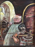 Close-up of oil painting depicting a man holding a glass and pitcher inside an archway, signed A. Meixner.